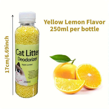 Cat litter deodorizer bottle with yellow lemon flavor, size 17cm/6.69inch, 250ml per bottle.
