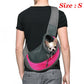 Person wearing a pink and gray pet carrier with a small dog inside, on a white background.