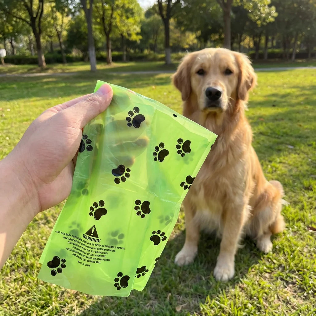 Person holding a green plastic bag with paw prints, next to a golden retriever in a park.