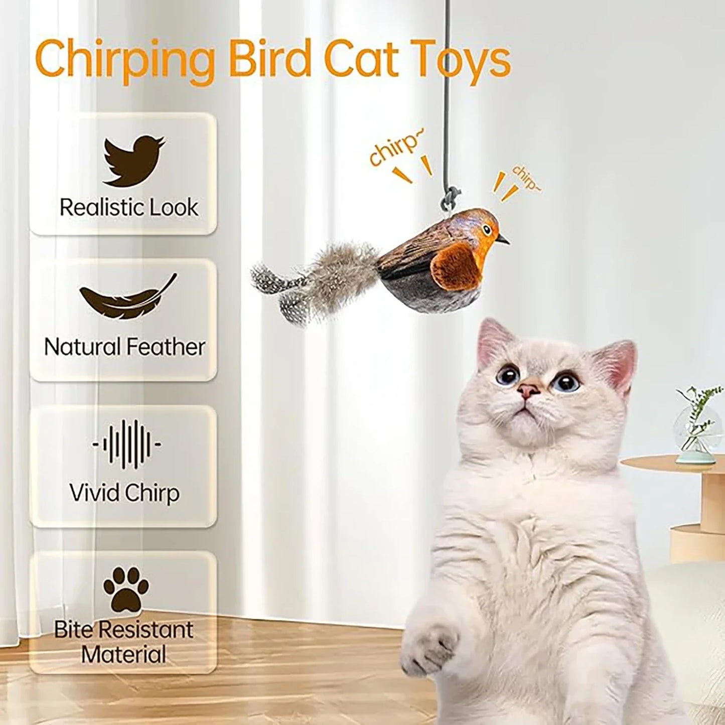 Cat toy resembling a bird with text highlighting features on a light background