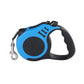 Blue and black retractable dog leash on a white background