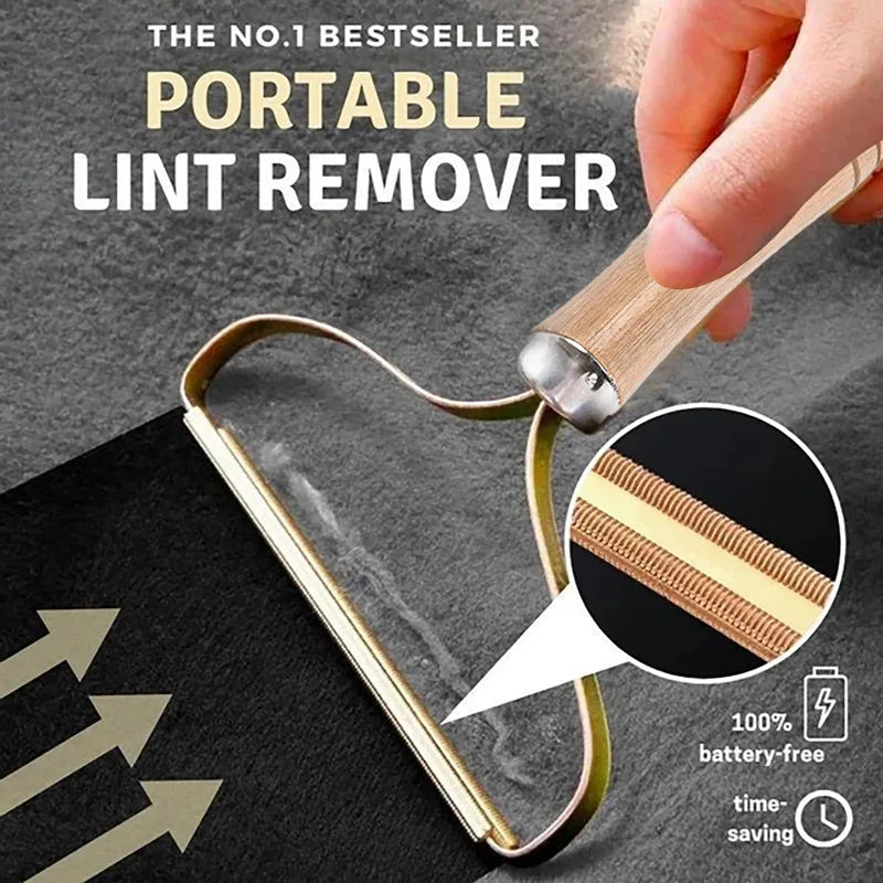 Portable lint remover being used on a phone screen with text highlighting its features.