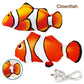Two toy clownfish with a USB cable on a white background