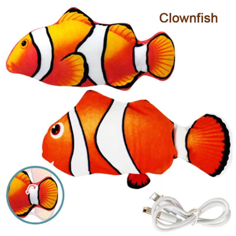 Two toy clownfish with a USB cable on a white background