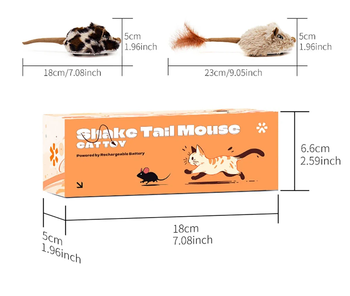 Measurement chart of a shake tail mouse cat toy with dimensions and packaging details.