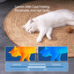White cat lying on a round woven mat with text about cool feeling and breathability.