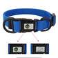 Blue dog collar with black buckle featuring a brand logo on a white background