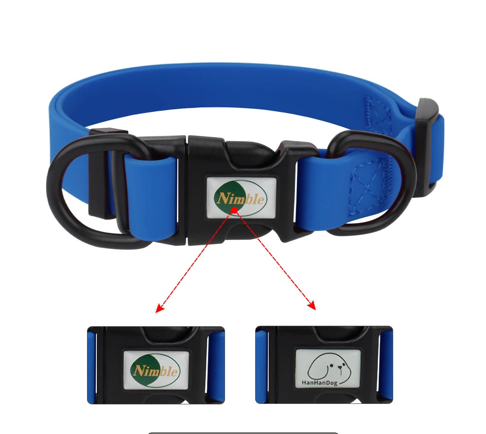 Blue dog collar with black buckle featuring a brand logo on a white background