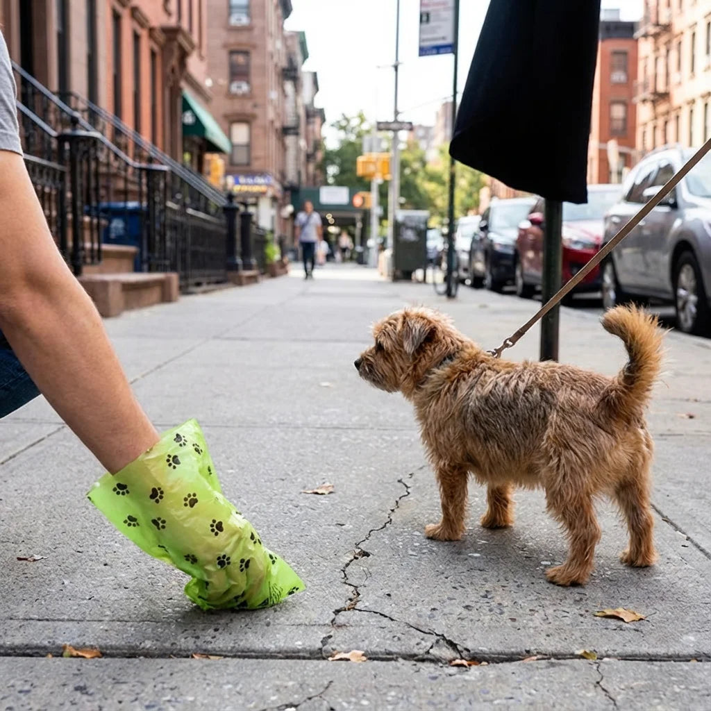 Dog on a leash standing on a sidewalk next to a person picking up after the dog, using a poop  green paw-printed poop bag.