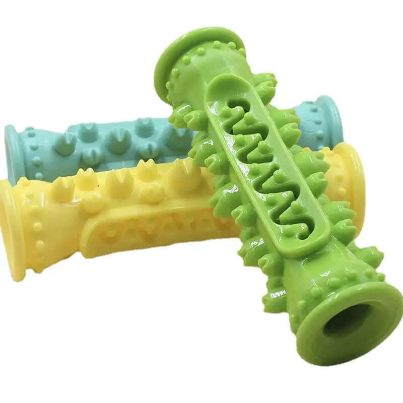 Green and yellow textured dog toy on a white background