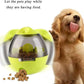 Dog playing with a green and clear ball-shaped pet toy with food inside, next to a golden retriever.