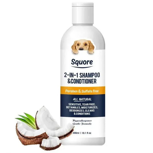 Squore 2-in-1 shampoo & conditioner bottle for dogs with coconut and aloe vera on a white background