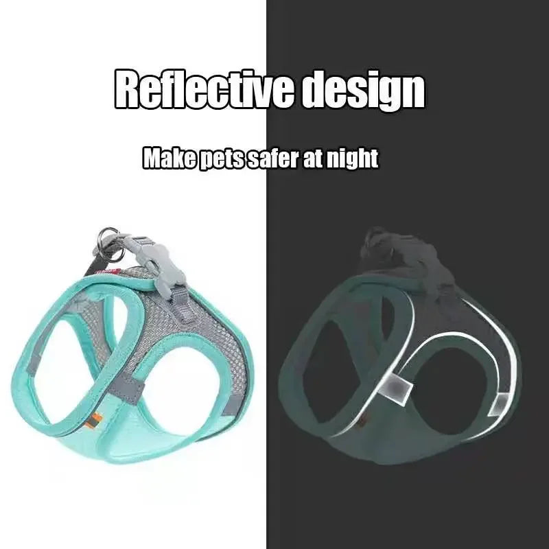 Reflective dog harness with text 'Reflective design' and 'Make pets safer at night' on a black and white background.