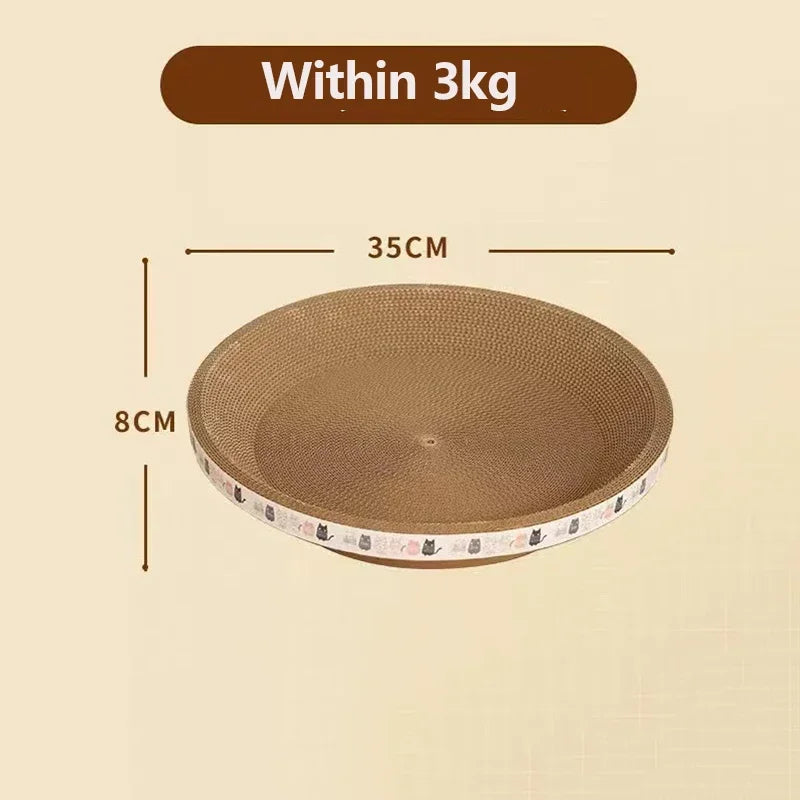 Round cardboard cat scratcher with dimensions on a beige background