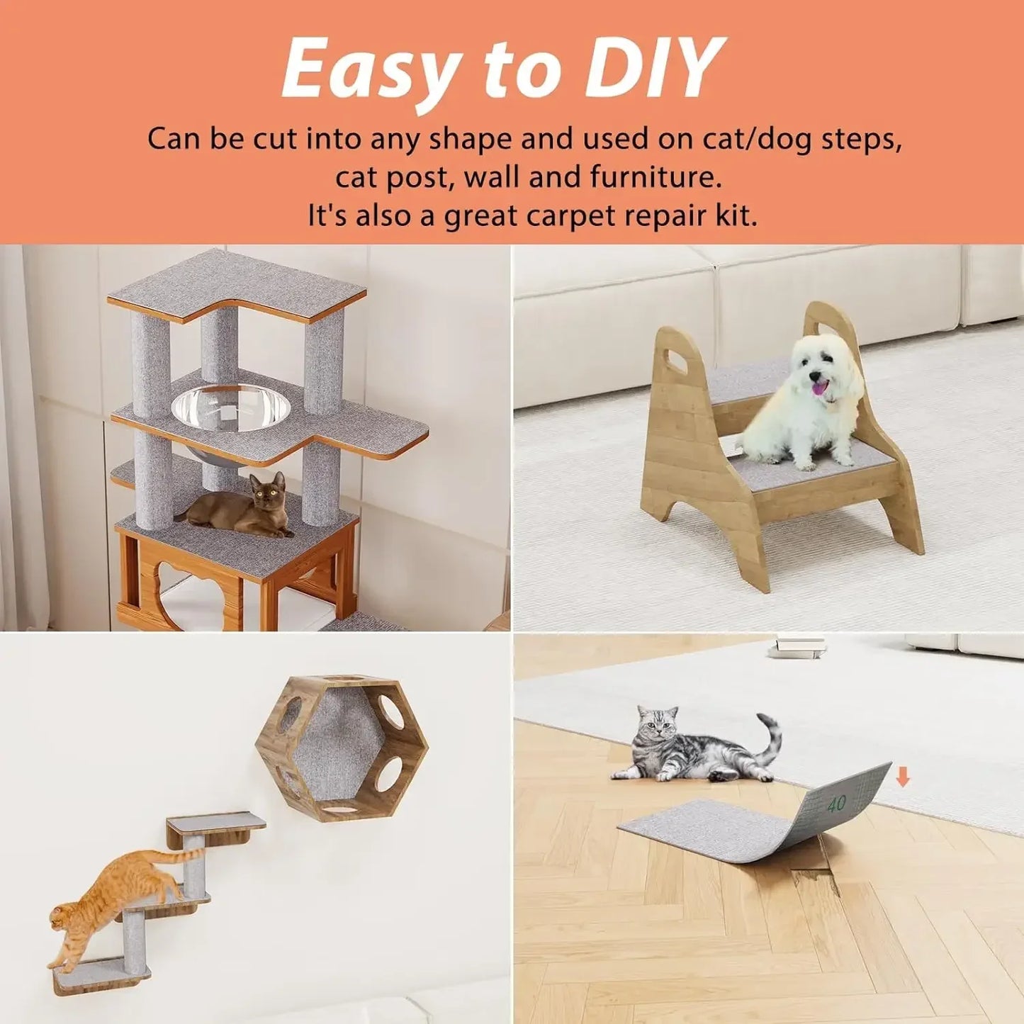 Collage of DIY pet furniture projects with text on an orange background.