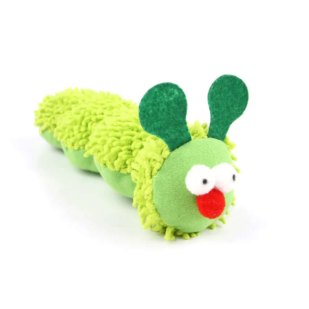 Green caterpillar plush toy with a red nose on a white background