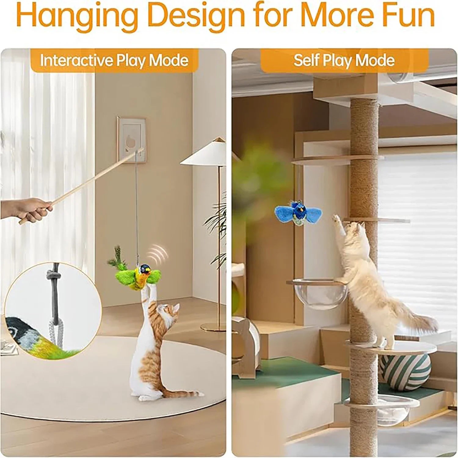 Two images showing a cat toy and a cat tree with a cat interacting with them, labeled 'Interactive Play Mode' and 'Self Play Mode'.