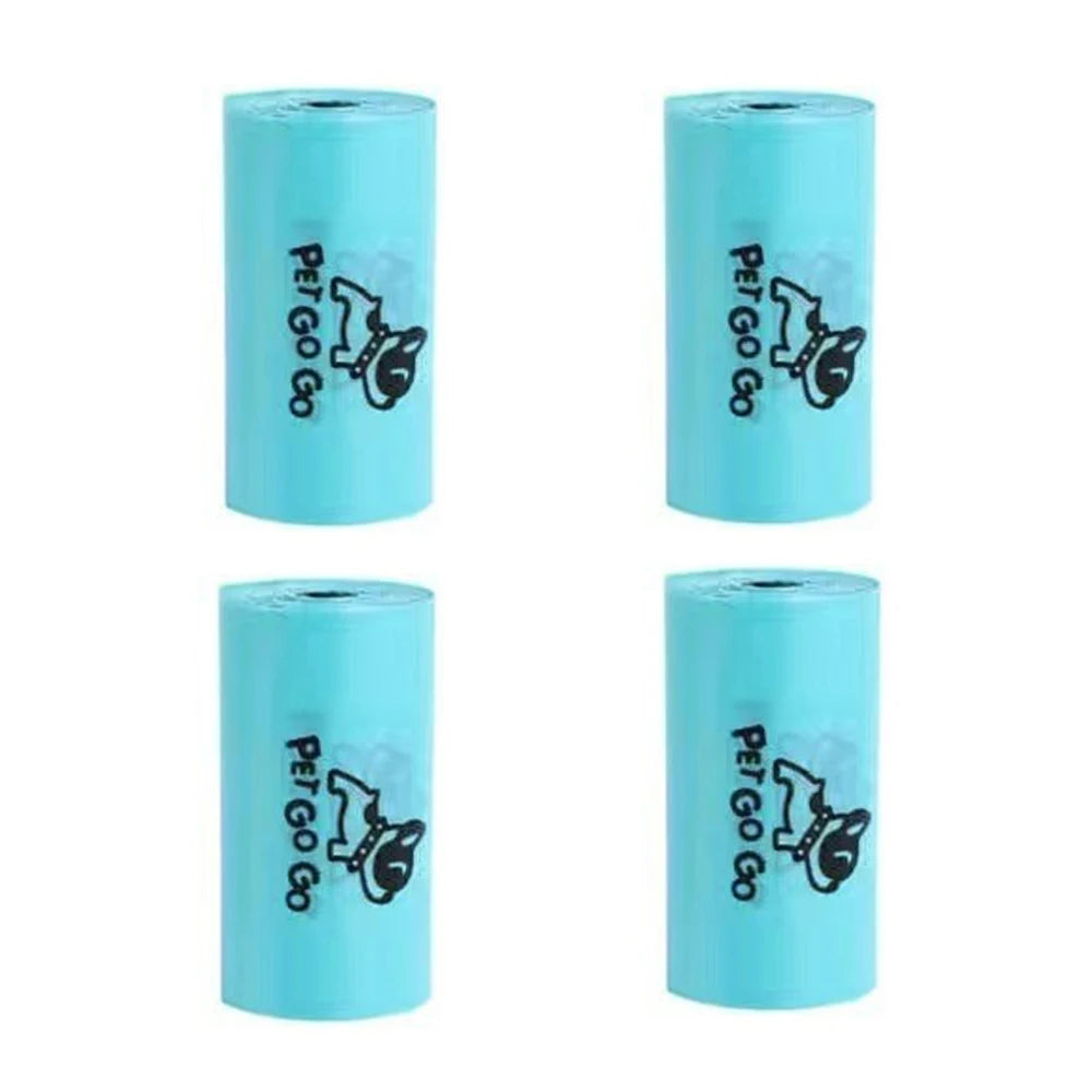 Four rolls of blue pet waste bags with 'Pet Go Go' branding on a white background