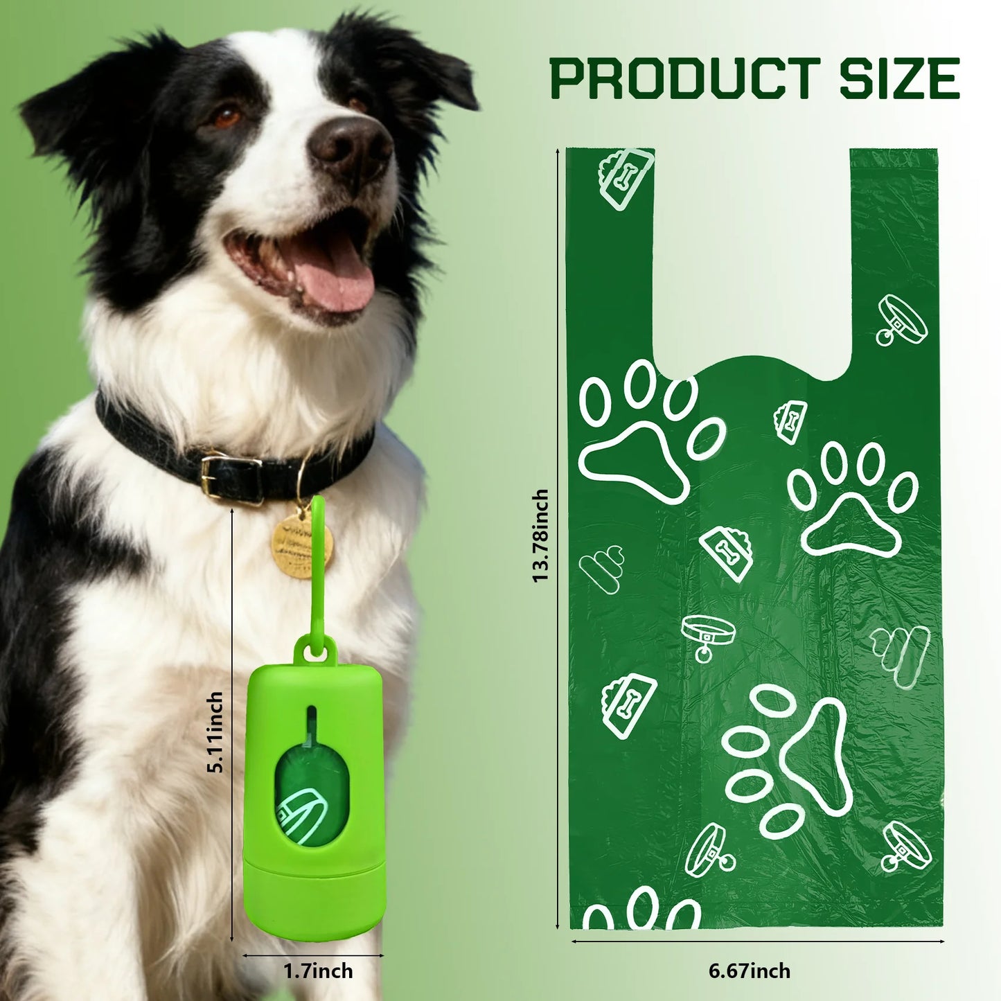 Dog wearing a green product with size measurement details on a green background