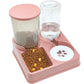 Pink pet feeder and water dispenser with food and water on a white background