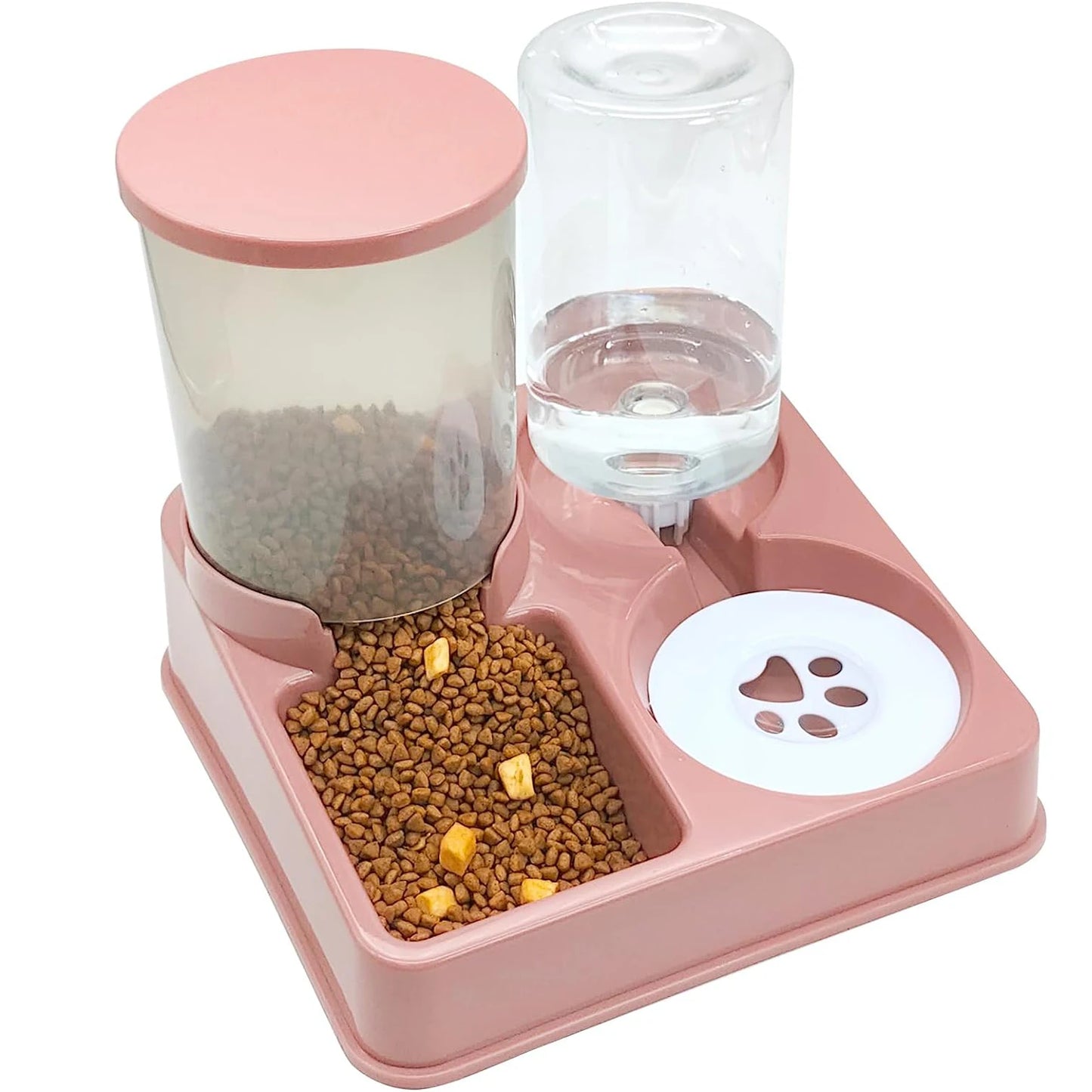 Pink pet feeder and water dispenser with food and water on a white background