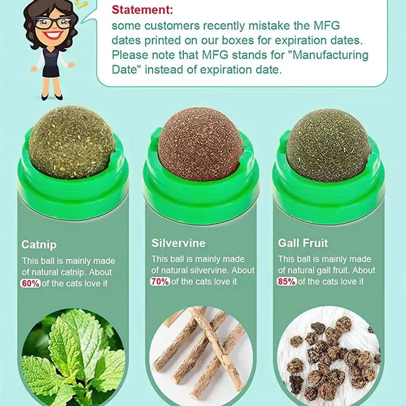 Three catnip balls in green containers with product descriptions and images on a light blue background.