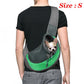 Person wearing a green and gray pet carrier with a small dog inside, on a white background.