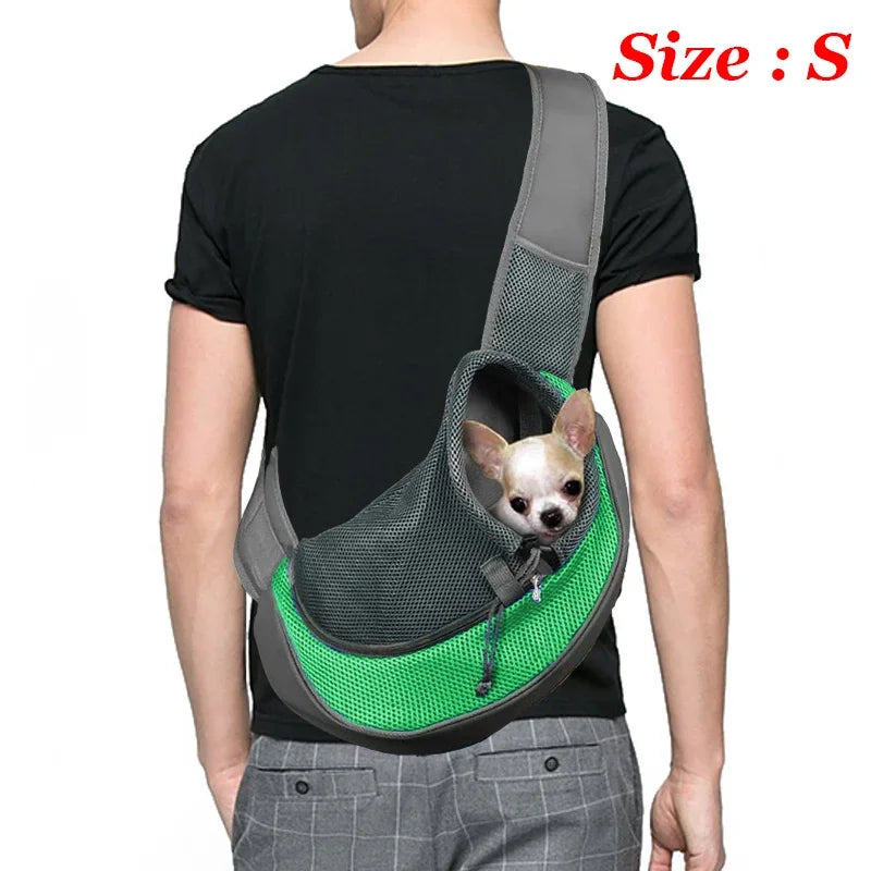 Person wearing a green and gray pet carrier with a small dog inside, on a white background.