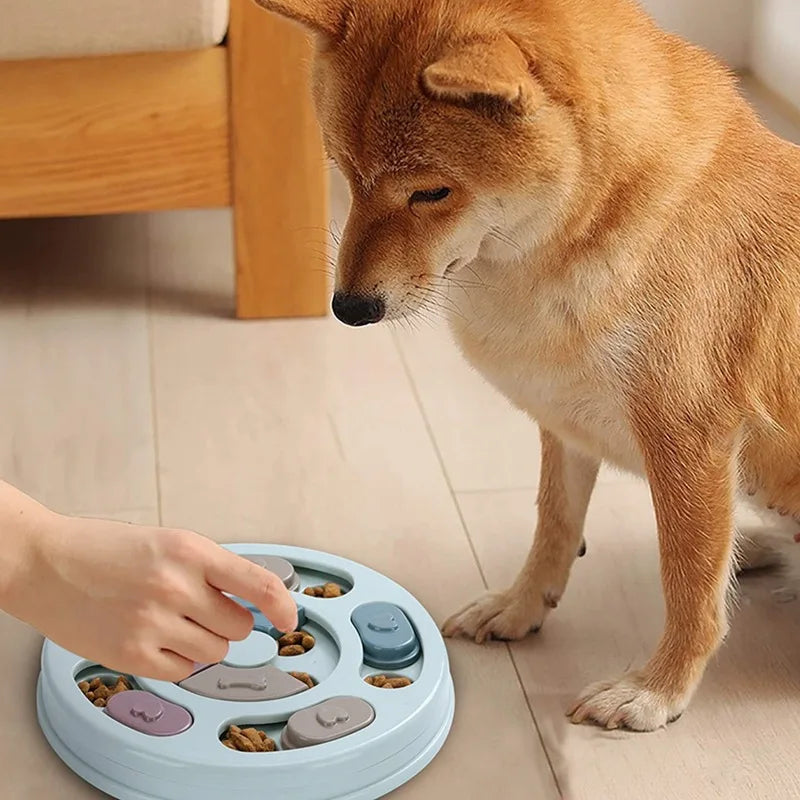 Dog interacting with a puzzle toy on a wooden floor.