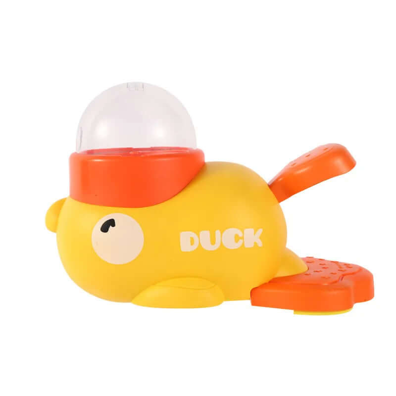 Yellow duck toy with an orange beak and feet on a white background