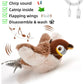 Plush toy bird with USB cable, catnip, and cleaning instructions on a white background