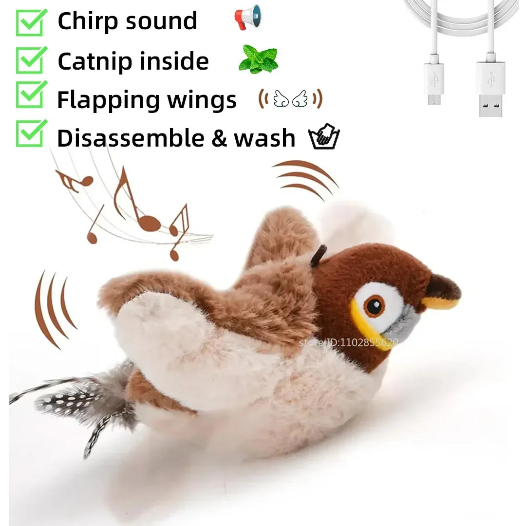 Plush toy bird with USB cable, catnip, and cleaning instructions on a white background