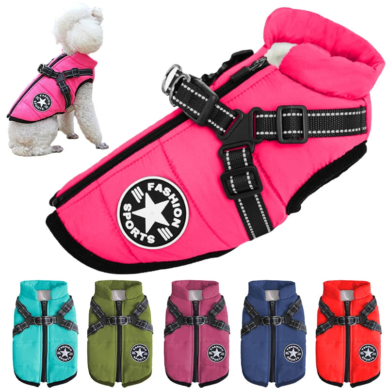 Pink dog harness with 'Fashion Sports' logo, shown on a white background with additional color options displayed below.