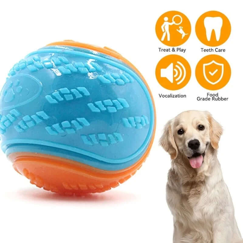 Blue and orange dog toy with a dog sitting next to it, featuring icons for treat & play, teeth care, vocalization, and food grade rubber.