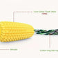 Corn-shaped dog toy with a cotton rope on a white background