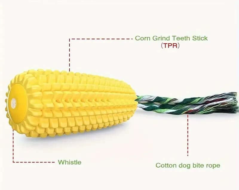 Corn-shaped dog toy with a cotton rope on a white background