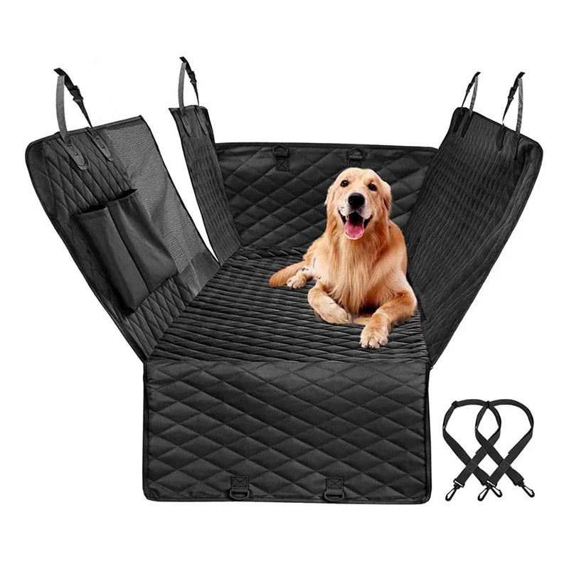 Black quilted car seat cover with a dog sitting on it, on a white background