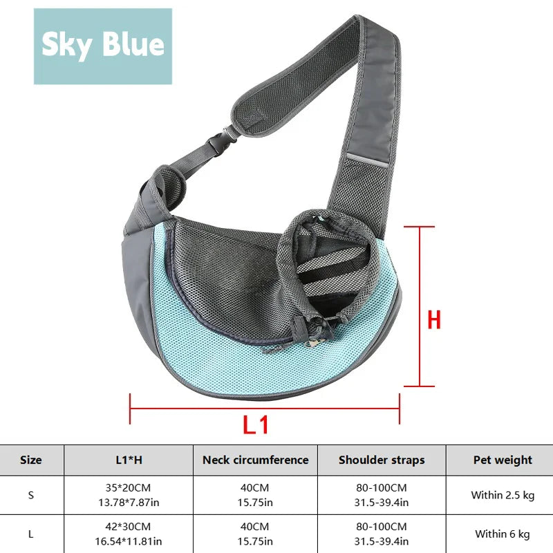 Pet sling carrier with measurements and specifications on a white background