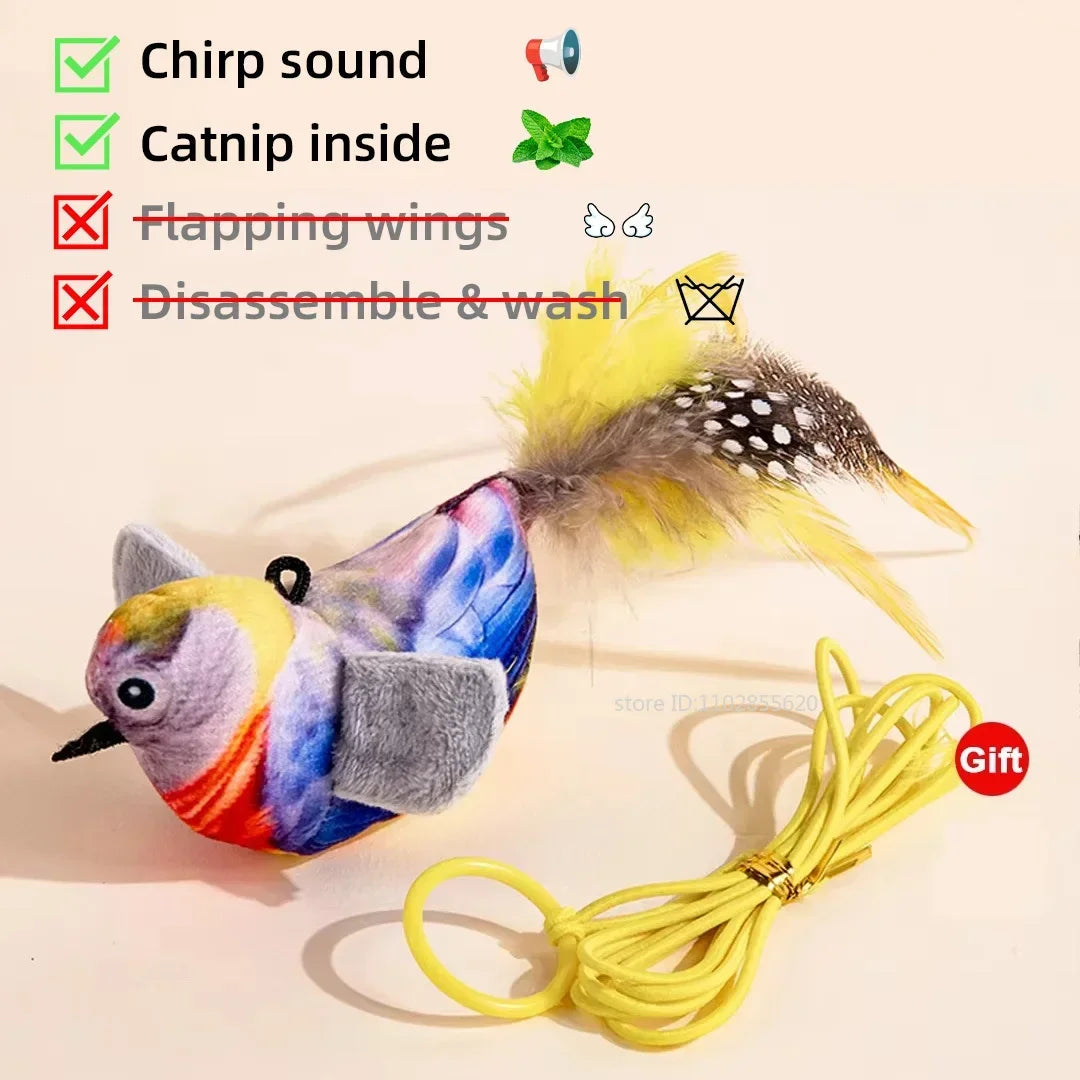 Colorful bird-shaped cat toy with feather details on a beige background