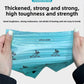 Blue plastic bag with text about strength and durability, held by hands.
