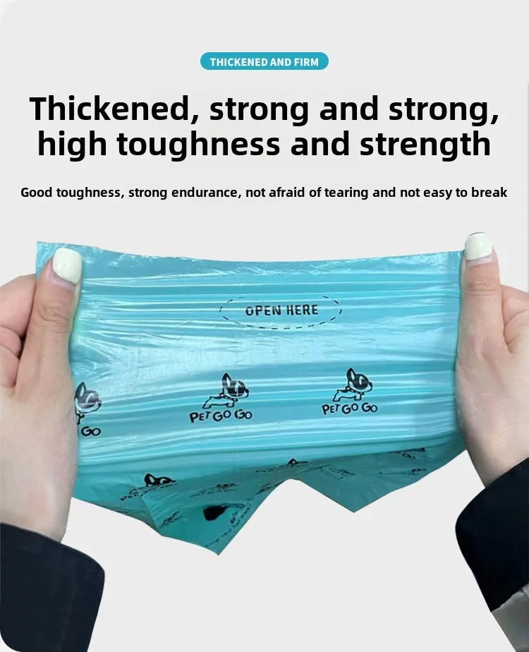 Blue plastic bag with text about strength and durability, held by hands.