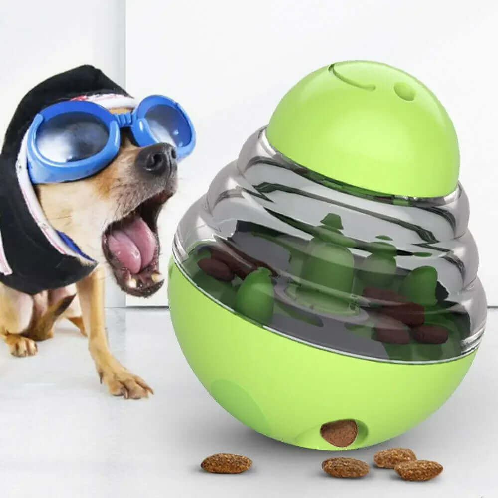 Dog wearing goggles next to a green and silver ball-shaped pet toy with treats inside.