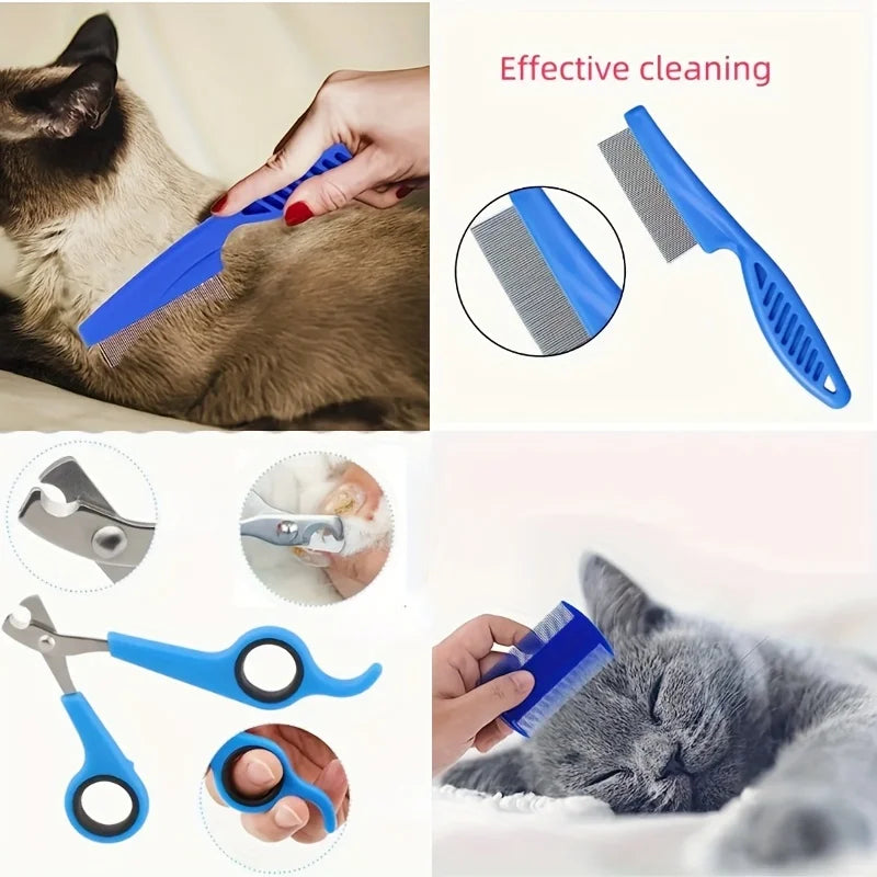 Pet grooming tools including a brush, scissors, and a comb being used on cats with text 'Effective cleaning'.