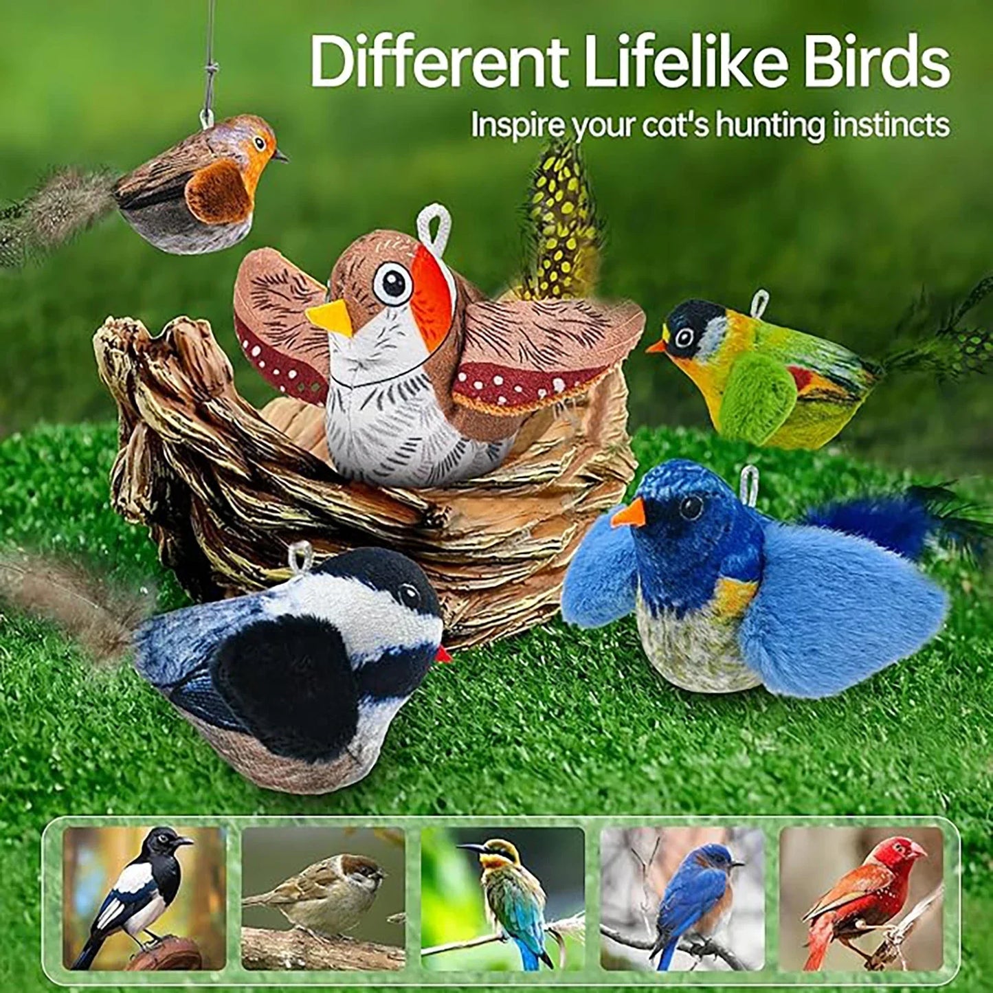 Assorted bird-shaped cat toys on a grassy background with text 'Different Lifelike Birds' and 'Inspire your cat's hunting instincts'.