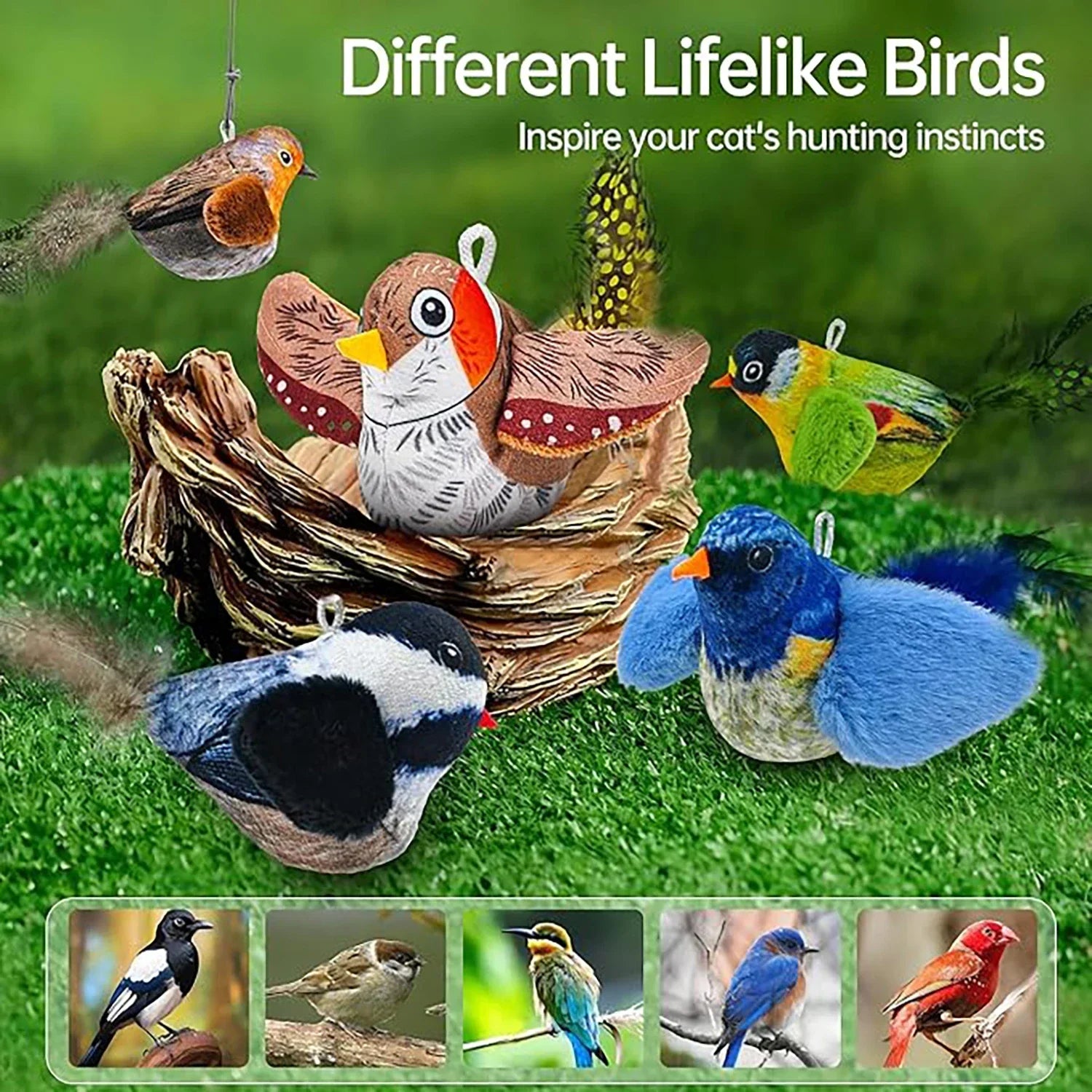 Assorted bird-shaped cat toys on a grassy background with text 'Different Lifelike Birds' and 'Inspire your cat's hunting instincts'.