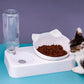 White pet bowl with cat food and a water bottle on a blue surface