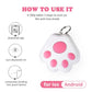 White and pink paw-shaped device with instructions on how to use it, including app download and Bluetooth connection, on a white background.