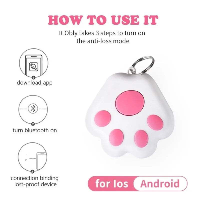 White and pink paw-shaped device with instructions on how to use it, including app download and Bluetooth connection, on a white background.