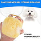 Hand holding a yellow shower gel sponge with a dog in the background and text about strong foaming ability.