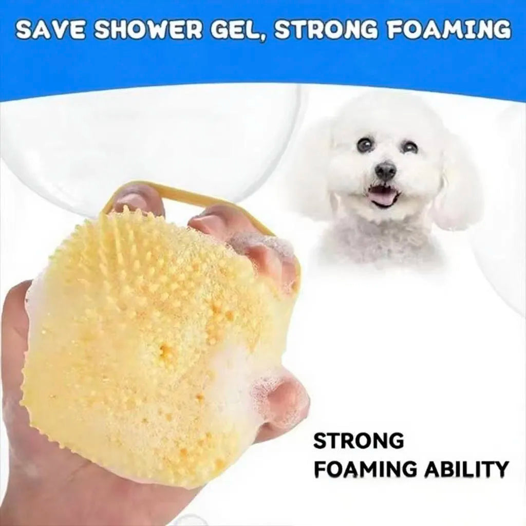 Hand holding a yellow shower gel sponge with a dog in the background and text about strong foaming ability.